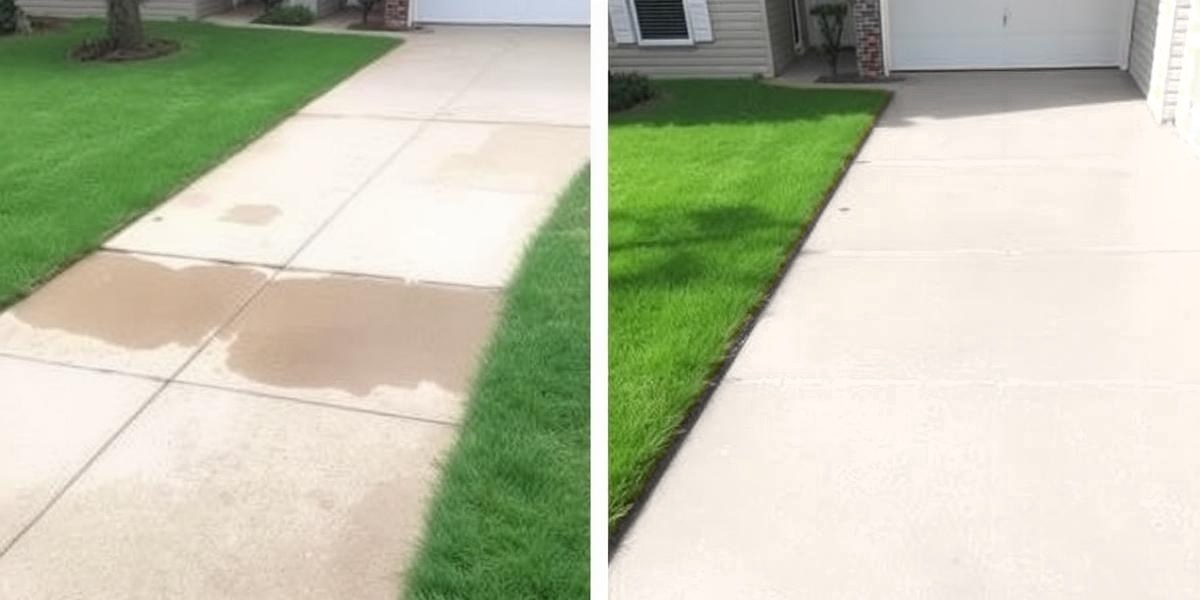 Driveway cleaning before and after in Baton Rouge — stained concrete pressure washed clean